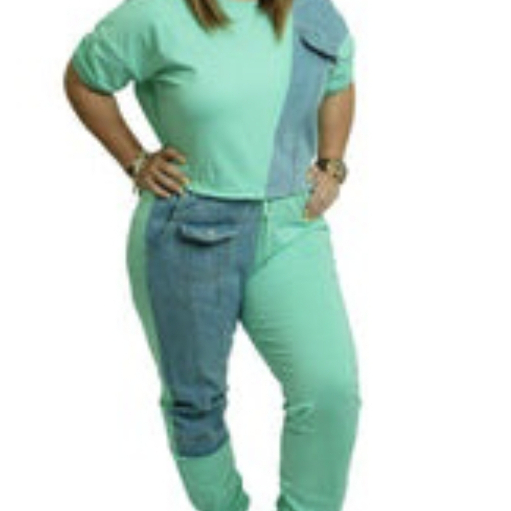 Chic Color Block Jumpsuit in Teal and Denim